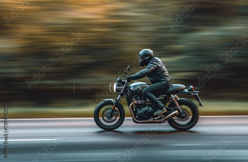 a motorcyclist speeding down a road in movement