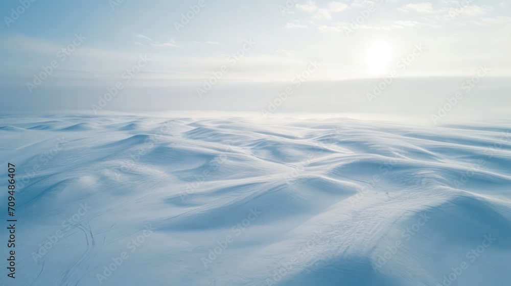 Beautiful winter landscape with snowdrifts and sun. 