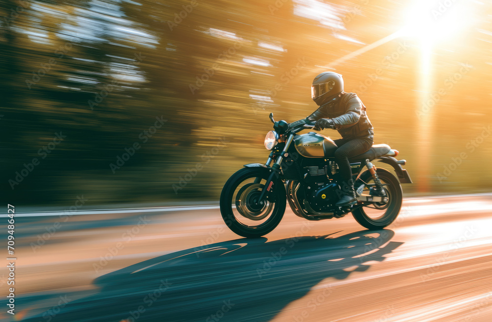 motorcyclist riding down road in blurred motion