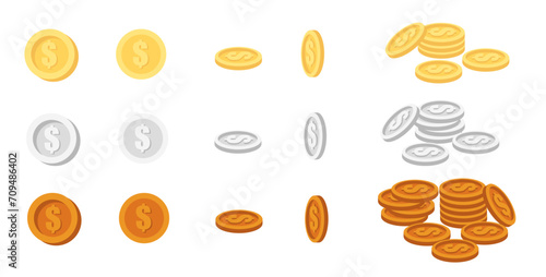 Dollar coins set turn around on white background, animation for video games, cartoon or animation, motion design and apps. flat vector illustration. coins set 3 colors.