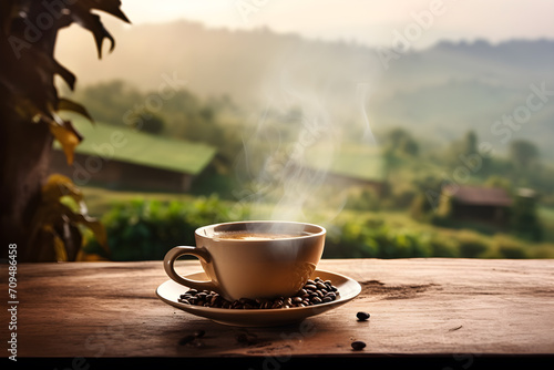 Coffee cup with smoke and coffee beans on wooden table on nature background.