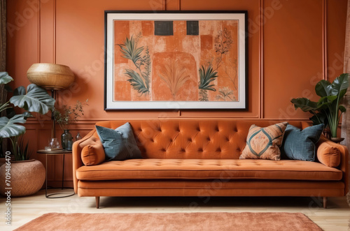 Terra cotta velvet sofa near wainscoting paneling wall with very big square poster frame with boho artwork. Mid century interior design of modern living room.