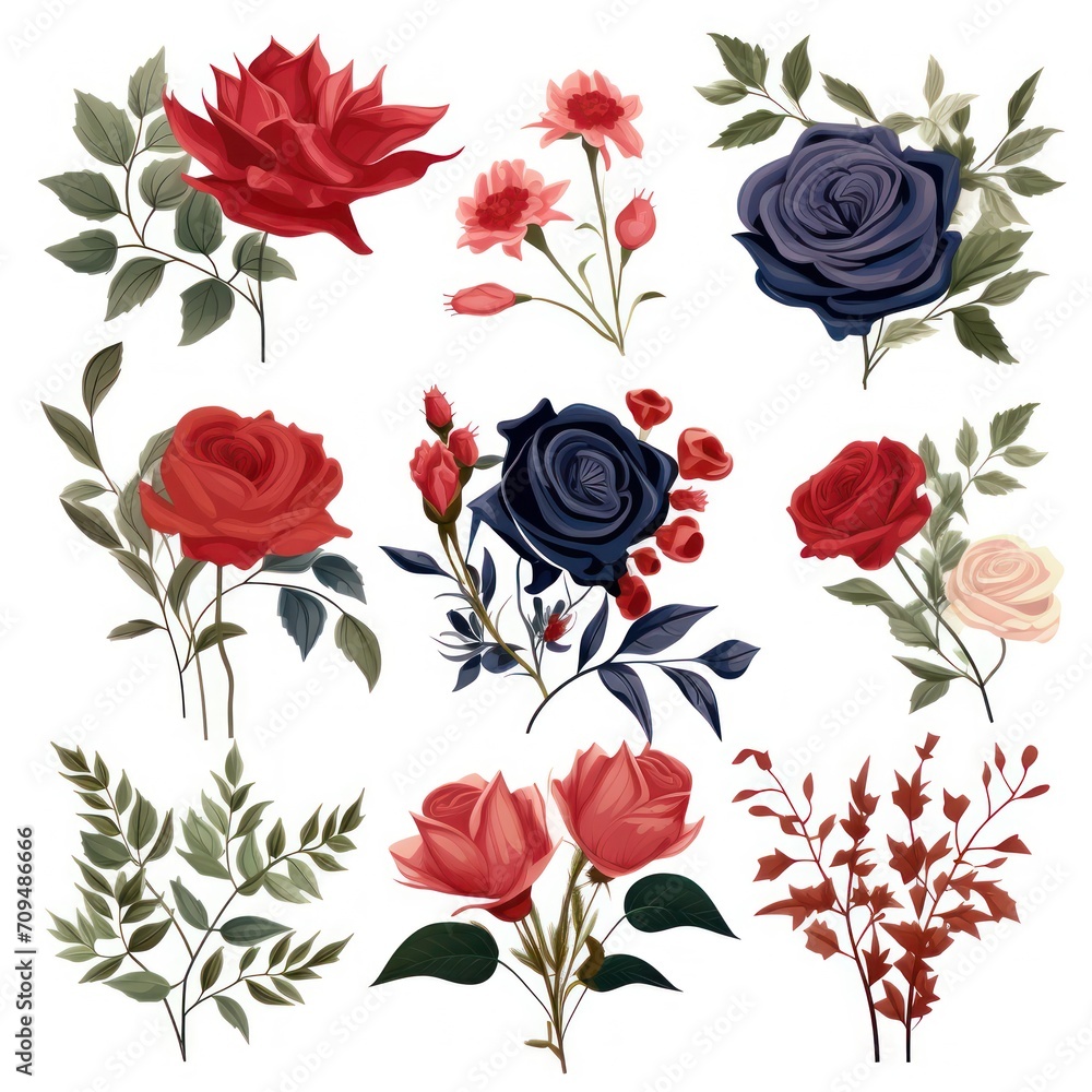 Set of floral elements featuring red, burgundy, navy blue roses, and green leaves.