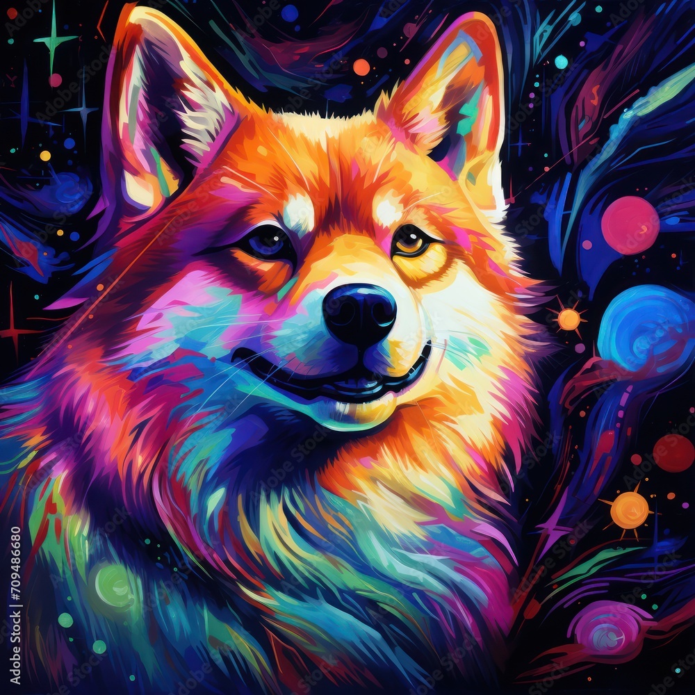Blacklight painting-style Shiba Inu, Shiba Inu pop art illustration Blacklight painting-style Shiba Inu, Shiba Inu pop art illustration