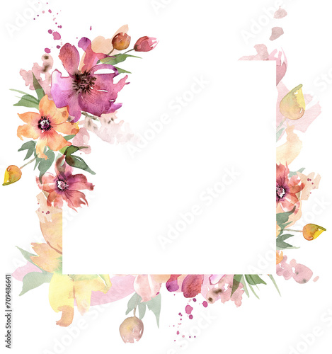 Watercolor hand painted colorful floral frame. PNG transparent spring background