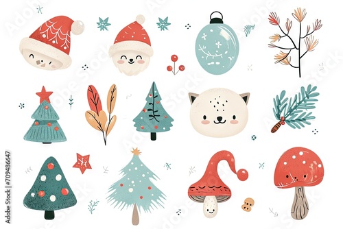 Minimalism and abstract cartoon vector very cute kawaii christmas, xmas clipart, organic forms, desaturated light and airy pastel color palette, nursery art, white background.