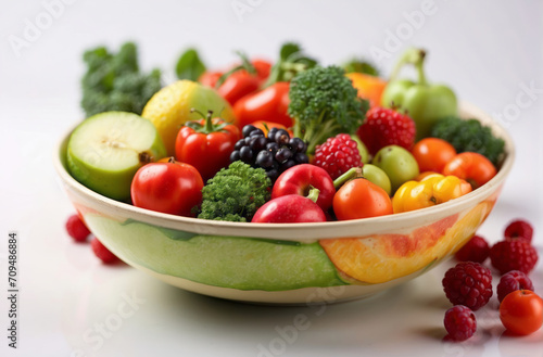 Fresh healthy vegetables and fruits on bowl  isolated on white background