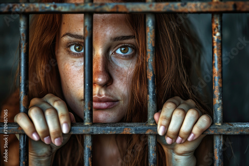 Portrait of the woman prisoner with hands on a steel lattice © Kien