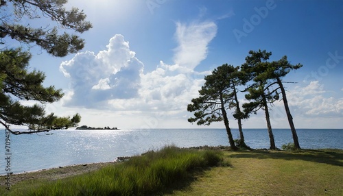 trees on the shore of lake, tree, beach, sea, nature, sky, water, landscape, AI genrat 