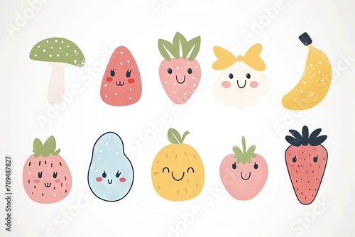 Minimalism and abstract cartoon vector very cute kawaii summer feelings, vibes clipart, organic forms, desaturated light and airy pastel color palette, nursery art, white background.