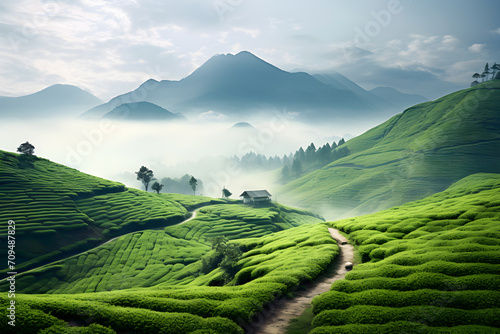 Landscape with tea plantation and footpath with mountain and fog background.