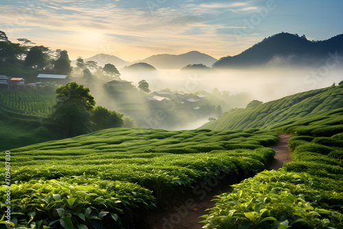 Landscape with tea plantation and footpath with mountain and fog background.