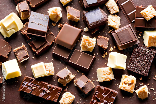 Chocolate bar chunks and pieces on chocolate photo