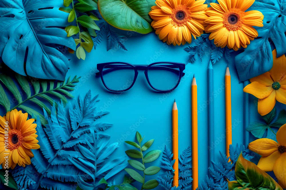 Pencils and glasses on a table, among plants and yellow flowers, with a light blue background. International day of graphic designer theme.