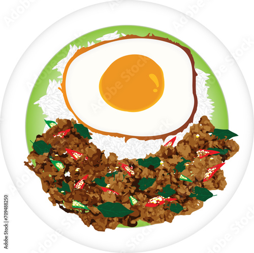 Thai Street Food. Delicious Thai food vector set. Vector Thai food, stir fried rice. Minced Pork and Basil Rice topping fried egg. khao ka praw moo sub