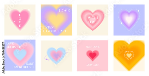 Card with blur colorful gradient hearts set. Template square banner with positive love text. Trendy y2k style design. Modern minimalist style. Vector illustration