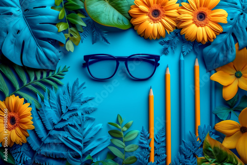 Obraz na płótnie Pencils and glasses on a table, among plants and yellow flowers, with a light blue background. International day of graphic designer theme. w salonie
