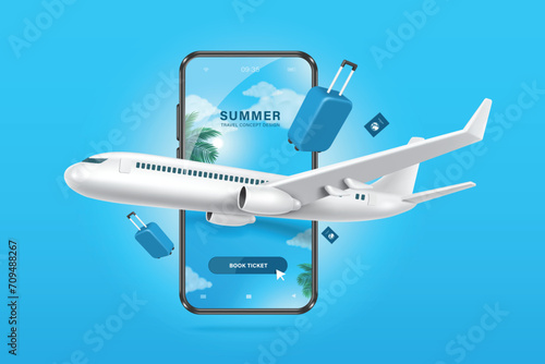 Plane taking off or landing with luggage or baggage and blue passport All in front of a smartphone with summer sky view in background. Below is button for booking online tickets for summer travel