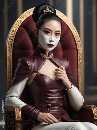 Empowering East Asian Dominatrix in Luxurious Throne - Sleek and Sophisticated Fashion Editorial Gen AI photo