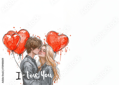 Couple qui se regarde et va s'embrasser, chacun tient des ballons baudruches en forme de coeur rouge avec le texte "I Love You" écrit en anglais. St Valentin, amour, sentiments, mariage, déclaration