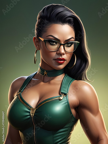 Sensual Dominatrix - Muscular Pacific Islander Dominatrix in Commanding Pose with Dramatic Lighting and Glasses Gen AI photo