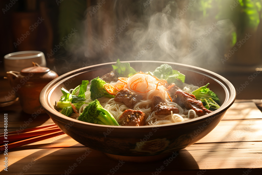 Dry noodles with beef and vegetables in black bowl on wooden table. Dry noodles with beef and vegetables in black bowl on wooden table.