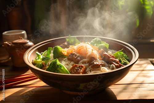 Dry noodles with beef and vegetables in black bowl on wooden table.