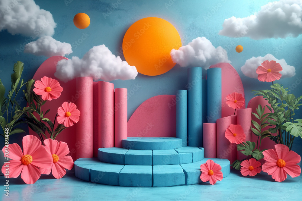 Colorful background podium with columns, plants and flowers, sun and clouds. Illustrator's day theme, 3d style.