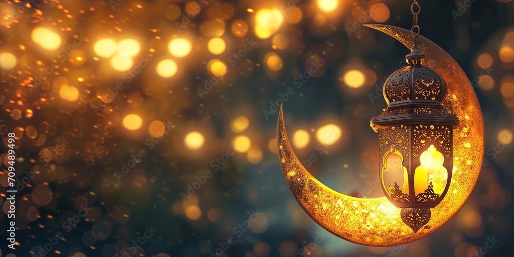Ramadan golden crescent moon and Ramadan lantern background - obrazy, fototapety, plakaty 