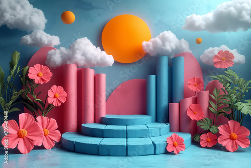 Obraz na płótnie Colorful background podium with columns, plants and flowers, sun and clouds. Illustrator's day theme, 3d style. w salonie