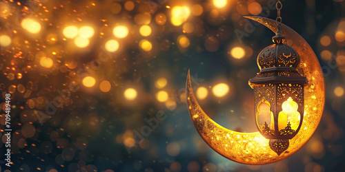 Ramadan golden crescent moon and Ramadan lantern background photo
