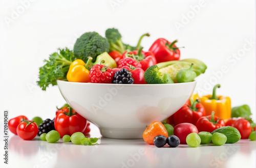 Fresh healthy vegetables and fruits on white bowl  isolated on white background