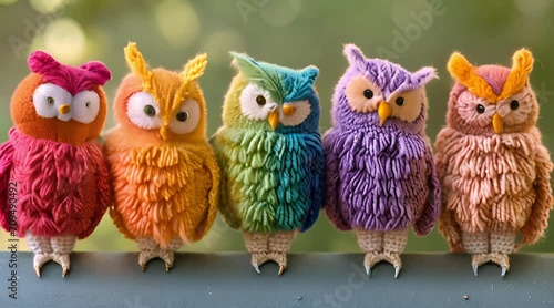 each owl has feathers of a certain rainbow color made of thread photo