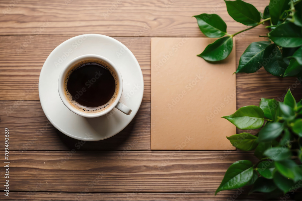 blank note paper on wooden background with a cup of coffee and plant, new year planning resolution, copy space, note book top view
