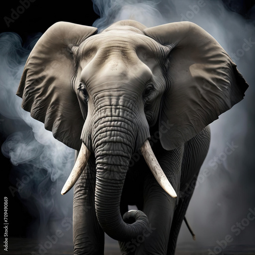 Enigmatic Elephant - Animal portrait in dramatic smoke against black background Gen AI photo