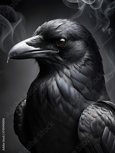 Majestic Raven - A close-up wildlife portrait of a raven with a dark penetrating gaze and enigmatic aura in dramatic smoke against a black background Gen AI photo