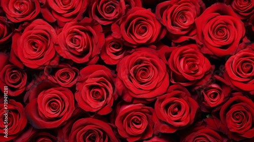 Background, texture of red roses. Top view, close-up.