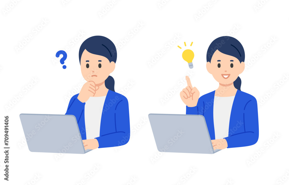 パソコンを見て疑問を持つ･ひらめきのポーズをするビジネスパーソン女性のセット【人物ベクターイラスト素材】