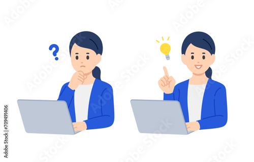 パソコンを見て疑問を持つ･ひらめきのポーズをするビジネスパーソン女性のセット【人物ベクターイラスト素材】