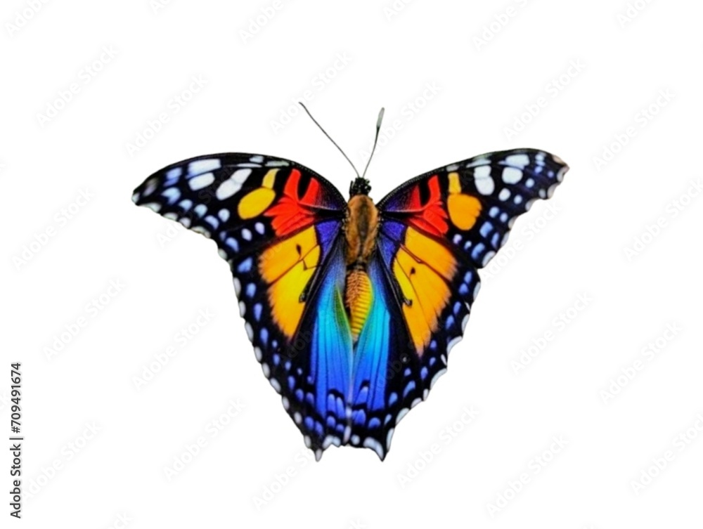 Fototapeta premium The white background in the picture is a butterfly. A beautiful colorful butterfly with an unusual pattern on the wings of yellow, red, purple, white, and blue with white spots around the wings.