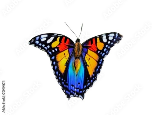 The white background in the picture is a butterfly. A beautiful colorful butterfly with an unusual pattern on the wings of yellow, red, purple, white, and blue with white spots around the wings. © Chumsai