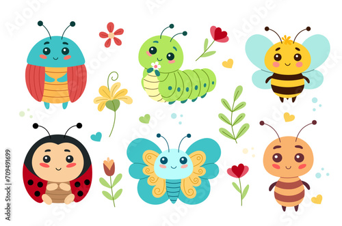 A set of cute cartoon insects which includes a ladybug, a butterfly, a caterpillar, a beetle, a bee, an ant. Vector illustration for children and toddlers, baby