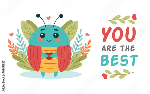 Cute insect beetle with lettering you are the best, cartoon character vector illustration