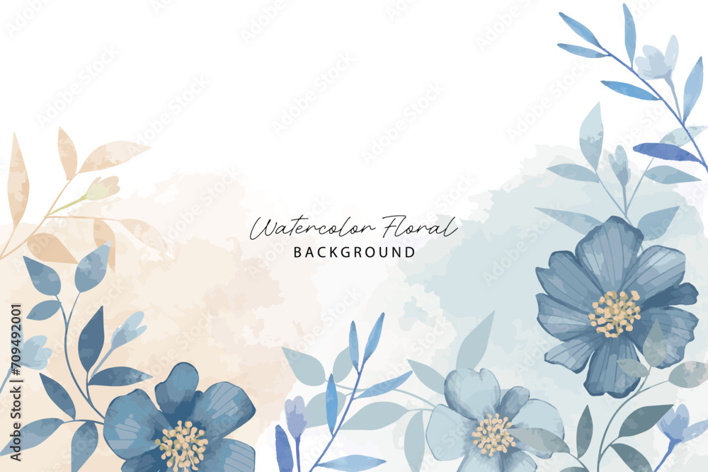 Luxury abstract art botanical composition. Spring minimal design in blue and golden shades. Watercolor flowers, plants, and leaves.