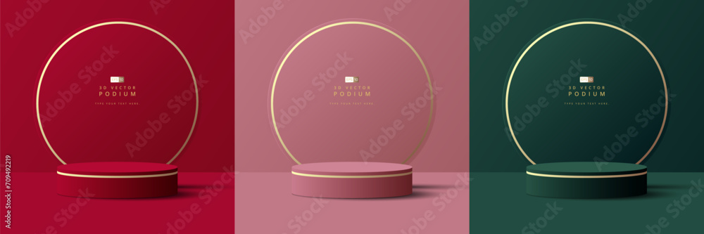 Set of luxury red, pink and green 3D cylinder podium realistic or pedestal stage for product display presentation with round circle shape backdrop. Minimal scene for mockup. stage showcase. - obrazy, fototapety, plakaty 
