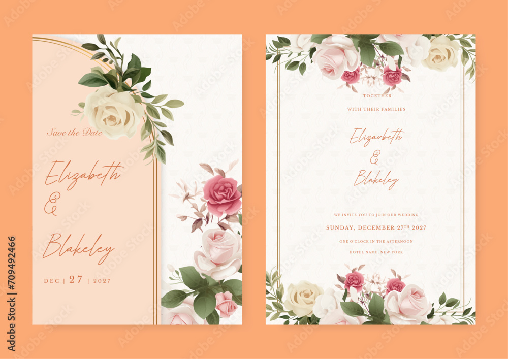 White and pink rose modern wedding invitation template with floral and flower