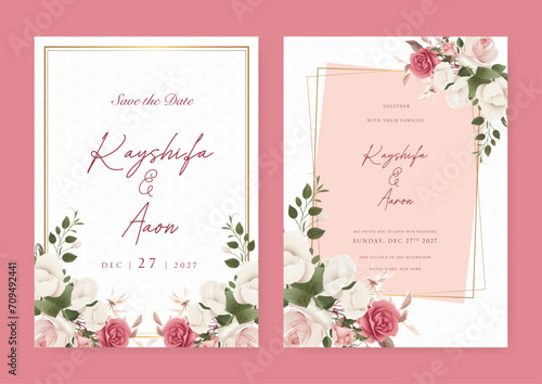Pink and white rose set of wedding invitation template with shapes and flower floral border