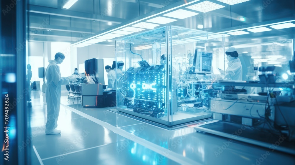 Data scientists work in a modern office of a technology company on the development of a quantum computer. Science, technology, big data and blockchain concept. Data scientists work in a modern office of a technology company on the development of a quantum computer. Science, technology, big data and blockchain concept.