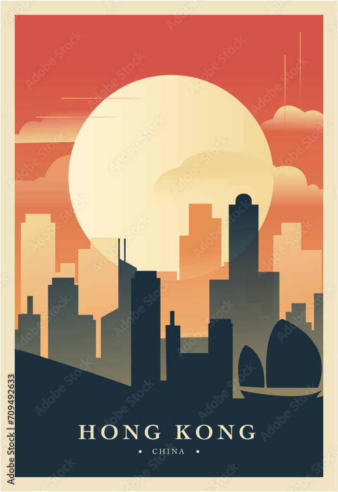 Hong Kong city brutalism poster with abstract skyline, cityscape retro vector illustration. China metropolis travel guide cover, brochure, flyer, leaflet, business presentation template image