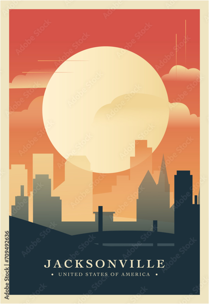 USA Jacksonville city brutalism poster with abstract skyline, cityscape Florida state retro vector illustration. US travel guide cover, brochure, flyer, leaflet, presentation template, layout image